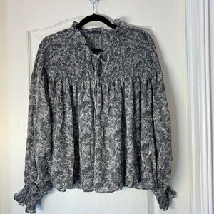 Grade & Gather Cottagecore Floral Sheer Blouse Grey Taupe Ruffle Long Sleeve L‎